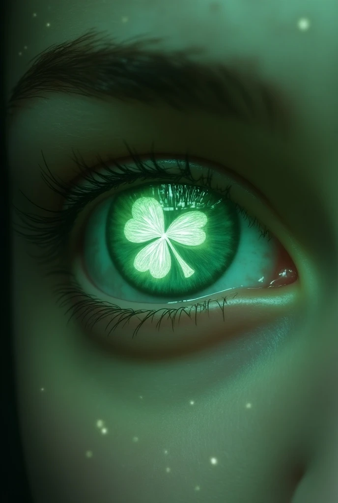 An eye-power  ,  green eyes with a white clover in the middle . The person who has the power has normal skin 