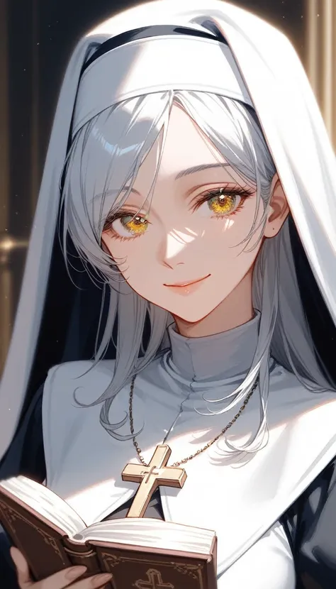 (Fraction_9,Fraction_8_Direction_7_above), （(1 woman）,((adult woman)), milf, age around 25, tall, sexy body, (Close shot）), long silver hair, straight hair with curled ends, Nun , White holy light, white nun dress, Book in hand, cross, beautiful and impecc...