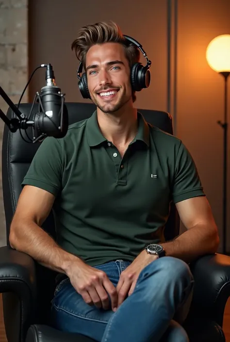 n this image, the male avatar is presented as a lively and engaging podcast host. He has a cheerful and approachable smile, with styled, slightly tousled hair that adds a casual yet professional touch. Wearing headphones, he sits comfortably in a modern bl...