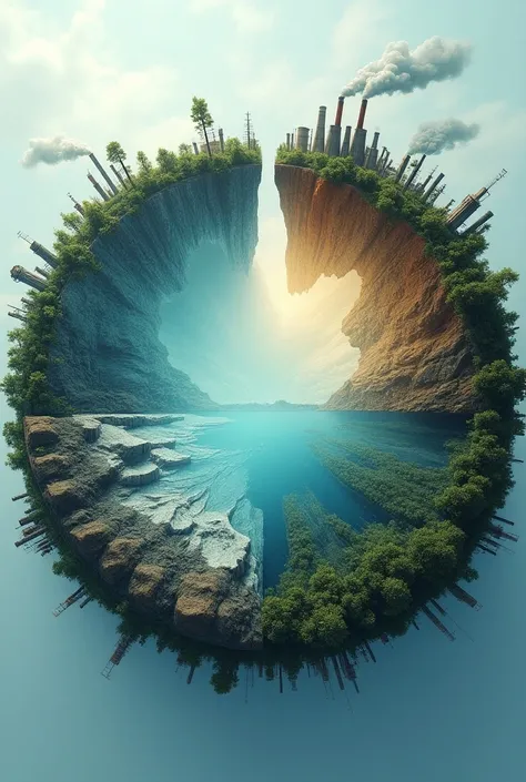   Create an image in a circle showing a representation of the impacts of human actions on the climate, soil and biodiversity  .  divided into four parts ,  where one represents the melting of glaciers  , On the other, deforestation  ,  in another industria...