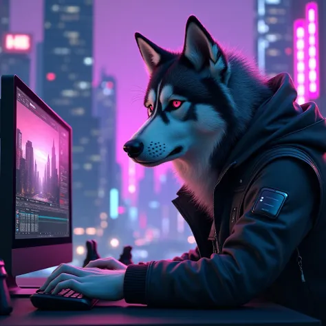 “A serious-looking Siberian Husky with red eys wearing a jacket with a hood, working on a computer in a cyberpunk urban setting with purple and blue neon lights and skyscrapers in the background, focusing on video editing or design work.