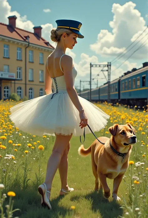 UKRAINE, BLONDE, FIFTY YEARS OLD, NOT THIN BALLERINA WITH A LARGE TORSO, DRESSED IN A TUTU, WEARING POINTE SHOES, ON HER HEAD A BLUE PILOTS CAP OF A TRAIN CONDUCTOR OF THE TIMES OF THE USSR, WALKING ON A LEASH A FAT BEAGLE DOG OF BI-COLOR IN A FLOWERY MEAD...