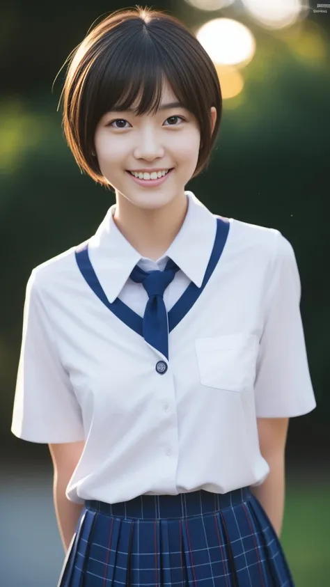 Short-cut hairstyles 、Women in Japan、Autumn School Building、Skinny Legs、Extraordinary beauty、Cute face、The best smile、Cute smile、frontage、slender、Schools、 (Raw foto:1.2), (Photorealsitic:1.4),　a beautiful detailed girl, extremely detailed eye and face, bea...