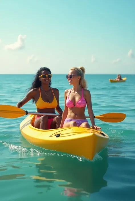 Sur le même kayak de mer,  a young black athletic woman with mid-length hair yellow bralette sunglasses is paddling in the back. A young blonde woman with hair tied up pink bralette sunglasses is lounging in the front .