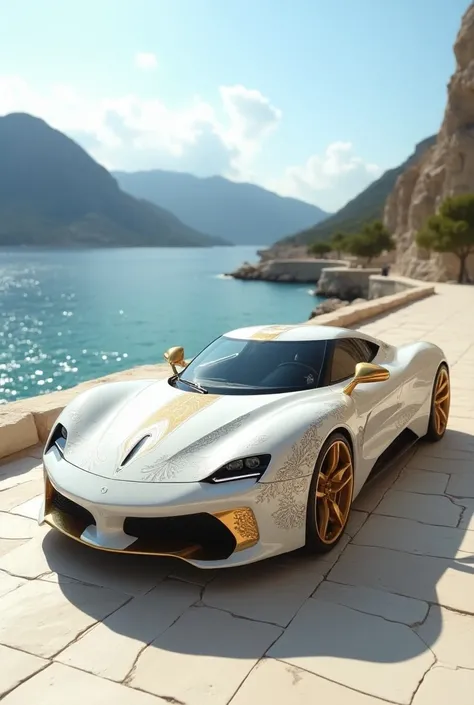 Une voiture de sport au design moderne mais inspiré de larchitecture et des motifs grecs anciens. Cest un modèle de sport futuriste mais entièrement stylisé selon les symboles de la Grèce antique : elle est blanche avec des accents dorés, des motifs de méa...