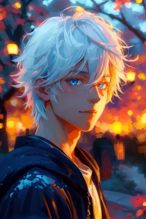 Anime of a pretty boy with white hair and blue eyes, background park, selfie, night, background light, Flequillo, Cabello blanco, Rubor, Sonrisa 