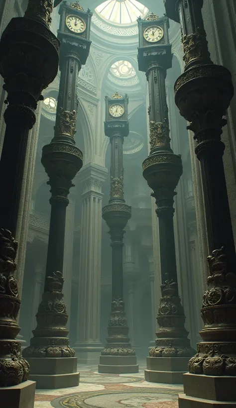 Many of clock are set on the many pillar on the floor and are running different times