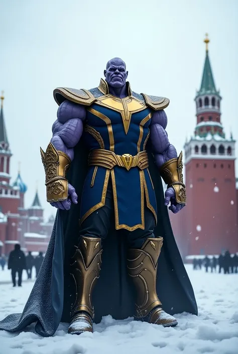 Thanos in front of the Kremlin, clad in a blend of Russian Tsar-era armor and futuristic armor, standing in the snow-covered Red Square. His presence looms large, and the cold winds swirl around him as he holds the Gauntlet in the snow.