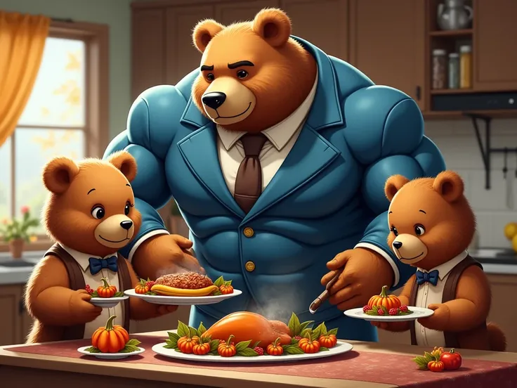 A broad-shouldered mesomorphic anamorphic bodybuilder bear dress in a tight fitting blue suit helps his cartoonish teddy bear family with Thanksgiving dinner