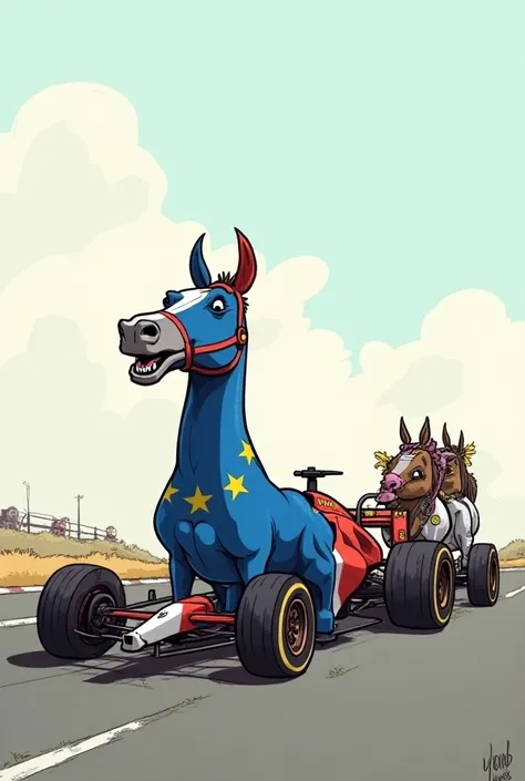 Caricature. 
Une formule 1 aux couleurs de la France tractée derrière par un cheval aux couleurs de lUE.