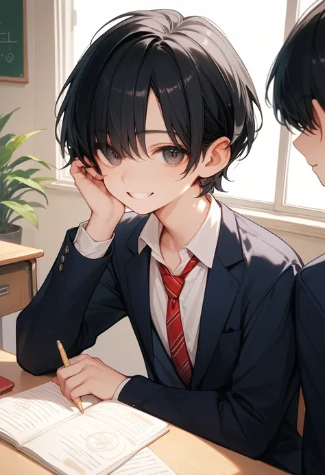 ((Two men who are good friends:1.5)),  perfect face,   beautiful face,  highly detailed face，( man with short black hair :1.3)，(Man with short white hair :1.3)，Male high school student uniform、tie、smile、( talking in school classroom)