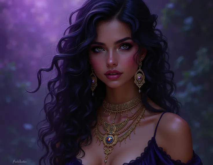 GYPSY WOMAN, purple tones, gold necklaces, seductive look