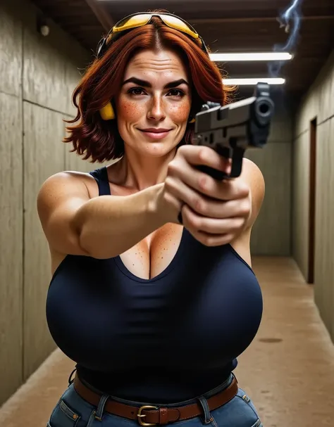 photorealistic, cinematic style, picture of a beautiful british woman shooting pistol on the shooting range. (dynamic pose:1.5),...