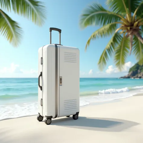 A sleek modern travel locker, minimalistic with a few strategic travel stamps and scuffs, standing alone on a white sand beach near the ocean, soft waves washing nearby and palm trees swaying under a clear blue sky, evoking a feeling of calm and escape, 3D...