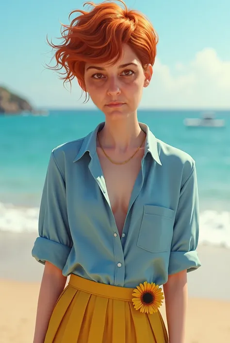 Ultra-realistic, 4K, professional photo, 22 year old girl,  Redheaded girl, short curly pixie hair, HDR,   detailed face, medium body , yellow skirt with flower, (open blue shirt), masterpiece, (Lighting), (1 so), beach background, realistic background,  r...