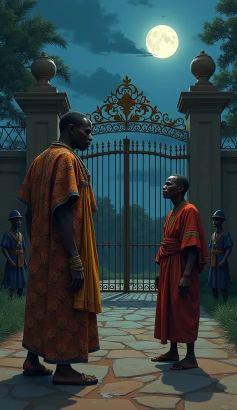 A beautiful illustration of Night falls, and the scene shifts to the rich African man’s grand gate under the moonlight. The sgrican man is dresses in rich african fabric adorned with rich embroidery. At his gate is A poor farmer, dressed in simple, worn cl...