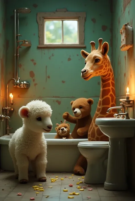 Cuddly lamb in a public bathroom with two little bears peeing and next to the window there is a giraffe of frauds looking with a passionate face while the bathroom is illuminated by candles and there is an old shower and condoms in the bathtub 