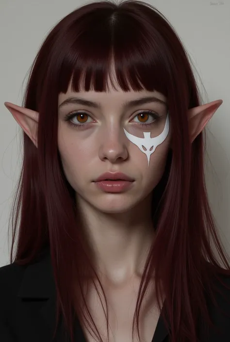  create the image of a very white woman , With long burgundy hair with bangs, orange eyes, elf-pointed ears, a white tattoo on the left eye ,  very square face with an evil expression