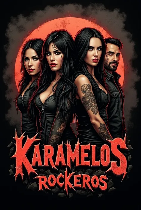 Rock logo for ren with the name Karamelos Rockeros, 2 women and 2 men , an interesting logo for ren  