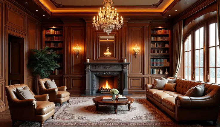 A large and luxurious brown living room