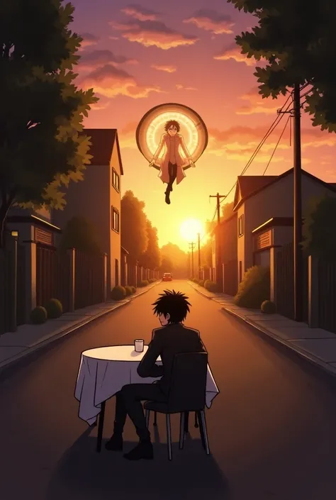 An anime-style illustration set at sunset on a quiet suburban street with warm, soft lighting. In the foreground, Angra Mainyu from the anime Fate/Hollow is sitting alone at a small round table covered with a white tablecloth. He has a mysterious, intense ...