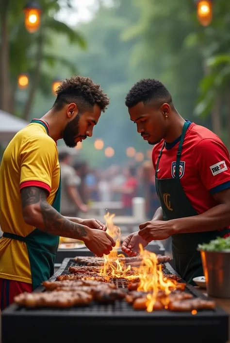 Create a super hyper realistic image of Neymar and Kylian Mbappé in their football jerseys with aprons, competing in a BBQ cook-off. 