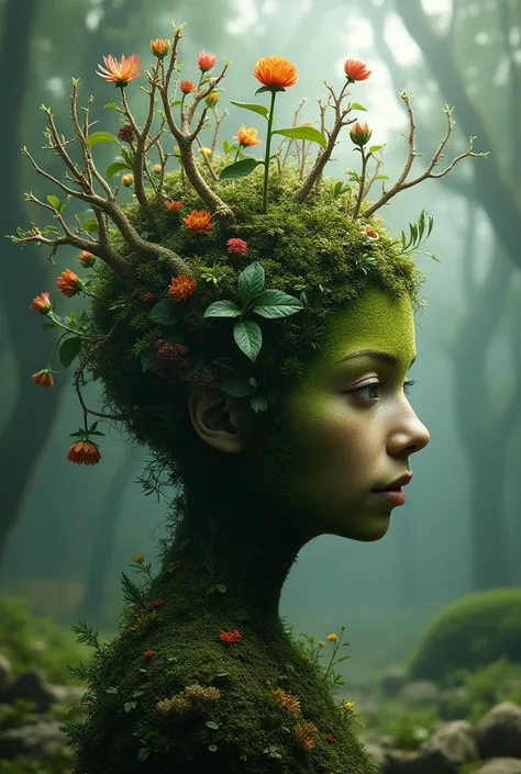  Create an image of a head with nature inside. no human face, Just bushes or flowers 