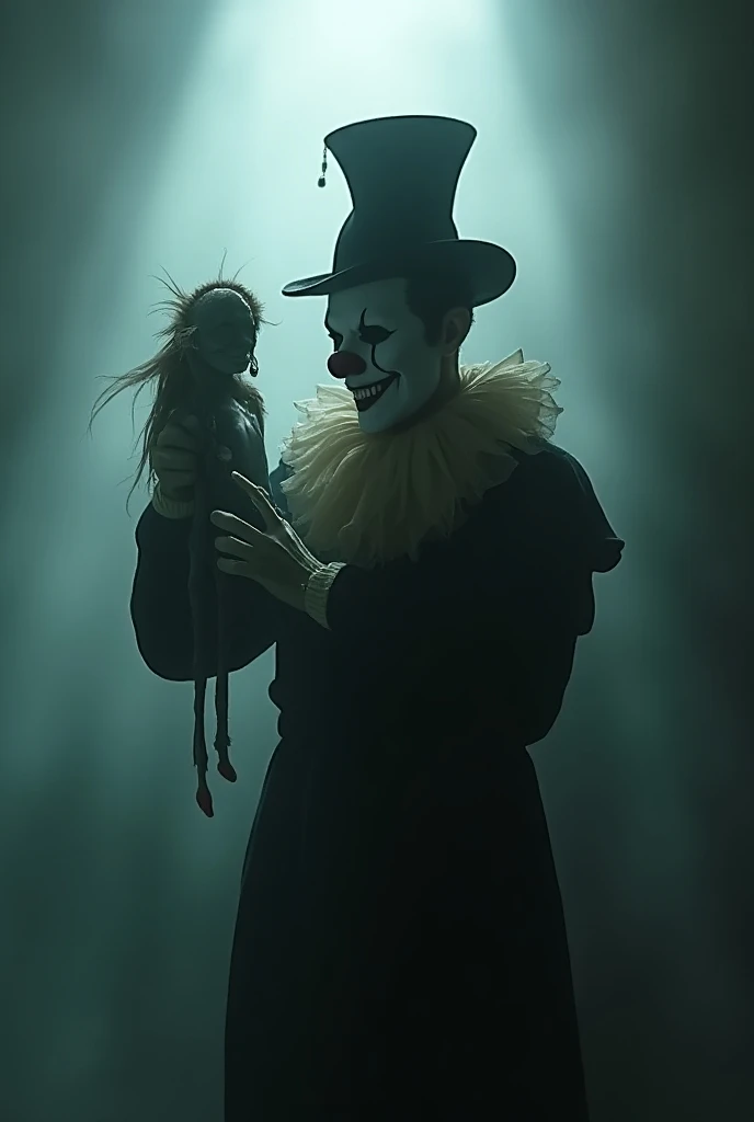 Shady clown with a small hat and manipulating a puppet with his fingers against a light background