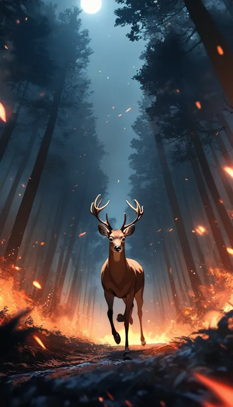 score_9, score_8_up, score_7_up, score_6_up, low angle, anime, no human, a deer, running, forest, night, forest on fire, smokey environment, blurry, ember, flare, fire sparks, moonlight