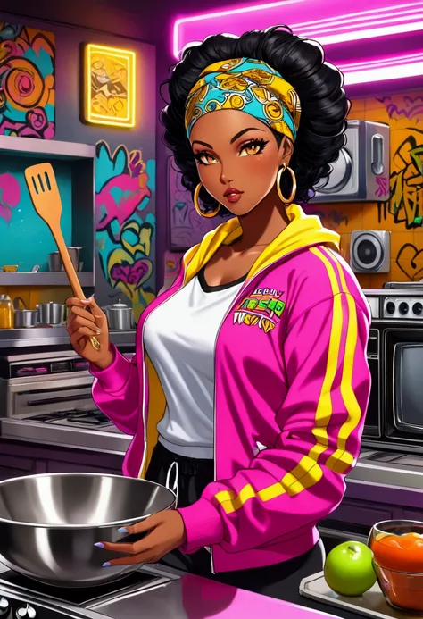 A sexy black woman in a brightly colored tracksuit, gold hoop earrings, and a bandana, holding a large spatula and mixing bowl. She’s standing in a retro-style kitchen with graffiti-inspired decor, boombox on the counter, and neon lights, giving off a cool...