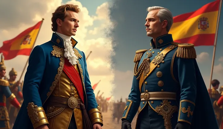 ((banderas sin escudo: 2.0))masterpiece, photorealistic, 8k, best quality, In a divided Spain, Philip V stands confidently on the left, adorned in a regal blue and gold coat, his light brown hair catching the sunlight. Archduke Charles, on the right, in a ...