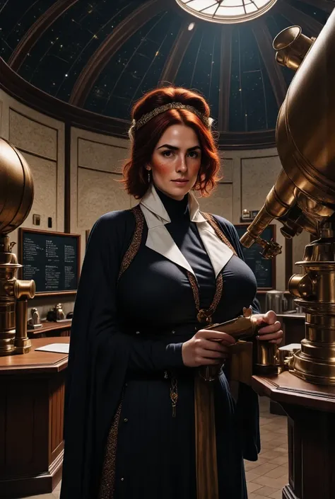 Photorealistic, cinematic style, a picture of a beautiful British woman is operating an ancient telescope in a rustic observatory. A round stonework room with a domed ceiling, ceiling has a hole for observation. On a pedestal a large brass telescope. Walls...