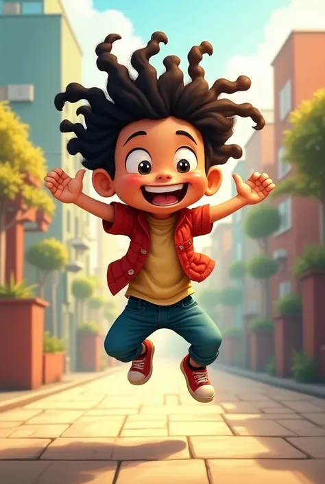 Asian Naughtyboy dreadlock smiling and jumping 2d cartoon