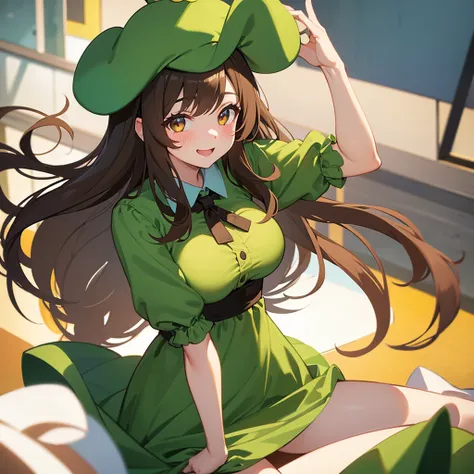 Girl has long brown hair and big breasts wearing a bunny ears Hat and a green dress, blushing and smiling at viewer