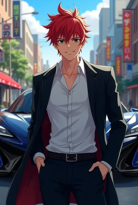 Anime man smiling sexy black eyes short red hair rebellious hairstyle up formal pants formal white shirt black coat black shoes standing driving his sports car around the city full body anime style 