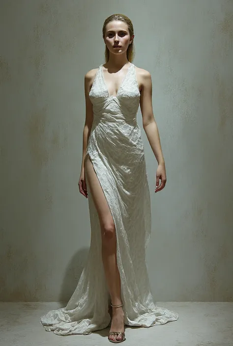 1 white woman, very thin, tall, long legs, wearing a dress inspired by dragons, gorgeous work, wearing high-heeled shoes.