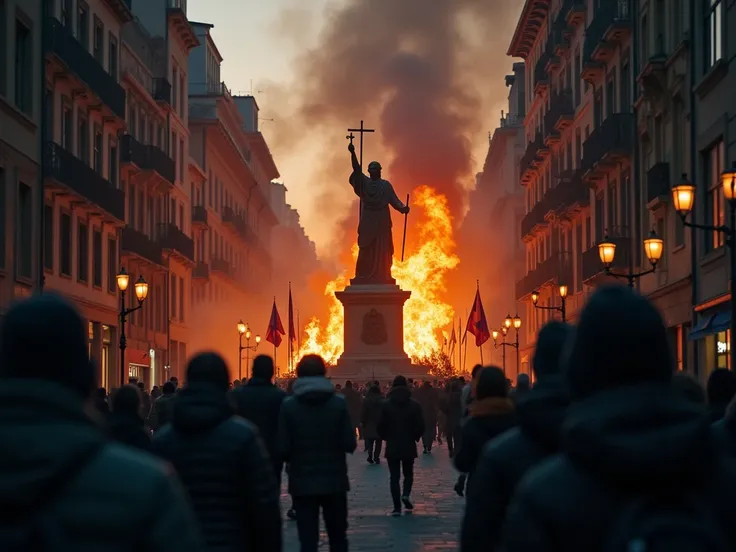  make a dark image in the left and right side spaces and in the center you can see where there is a protest ,  fire of the city , Where flags are burned a church cross ,  where there is a statue of Christopher Columbus broken into pieces and where there ar...