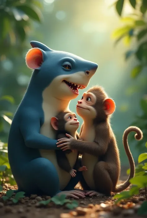 the shark and the monkey love each other and they have a son who looks like both a shark and a monkey 