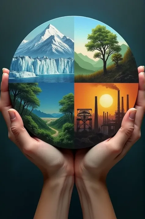   Create an image of a circle of the world ,  showing a representation of the impacts of human actions on the climate, soil and biodiversity  .
  divided into four parts  .   where one represents the melting of glaciers  , On the other, deforestation  ,   ...