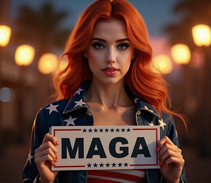 beautiful redhead girl, American flag pattern clothes, MAGA sign on jacket, hyper realistic, extremely detailed, 8k, HDR, highly detailed face and eyes, cinematic lighting, dramatic lighting, photorealistic, vibrant colors, striking pose, intricate details...