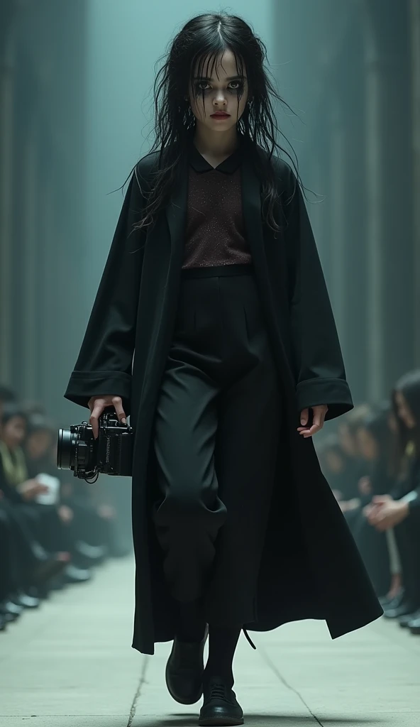 Little baby, bellatrix lestrange, walking down the catwalk with ultra-realistic camera in 4K motion with the actors eyes. messy black face and hair, Gryffindor Hogwarts costumes
