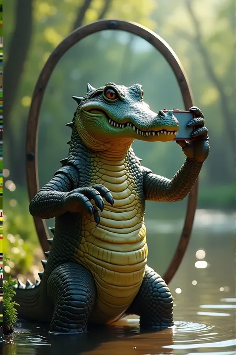 A crocodile taking a cellfy in front of a realistic mirror