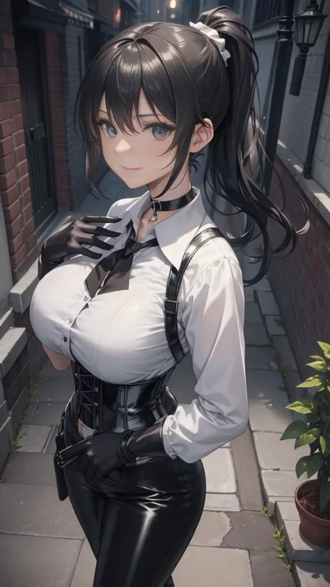  masterpiece ,  Best quality, high resolution, beautiful detailed eyes,  extremely detailed face , Detailed CG, 1 girl; standing,  big breasts shirt,  seen from above ,  tender expression , draw smile,  black hair short ponytail, brown eyes, He wears black...