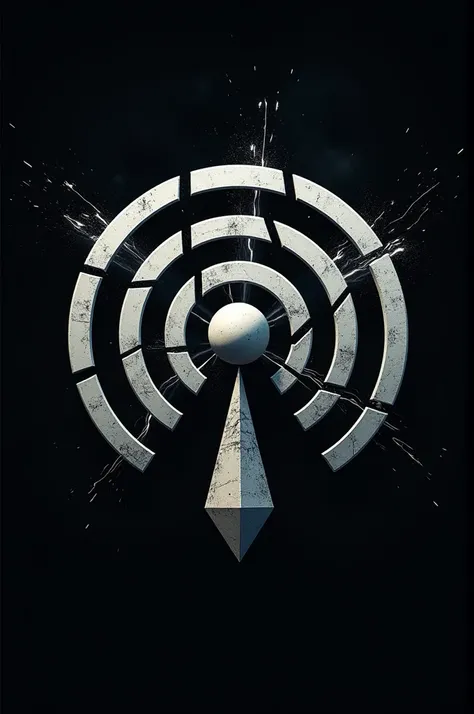  A logo of a band called  "lost signal ",  consisting of a signal symbol being crossed by a steroid,  making the point of the signal symbol the asteroid ,  leaving the stripes of the symbol broken 