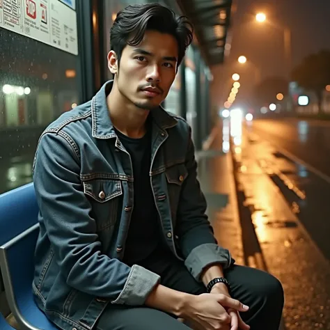  handsome Indonesian man wearing a denim jacket black t-shirt is sitting leaning on a bus stop on a deserted street during the night rain,looks lonely 