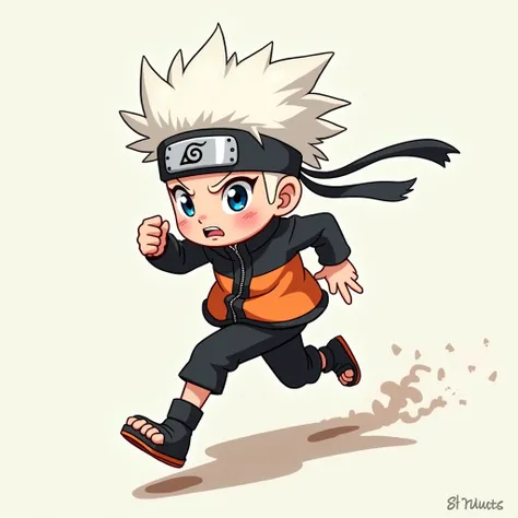 asian white hair  running in naruto pose in 2d cartoon