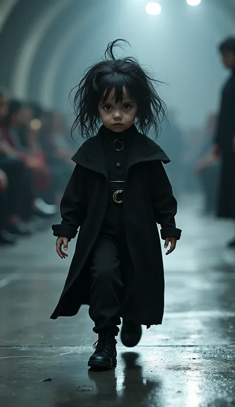 small baby, , similar to 
Bellatrix Lestrange, a girl, walking down the catwalk with ultra-realistic camera in 4K motion with the actresss eyes, face and messy black hair.