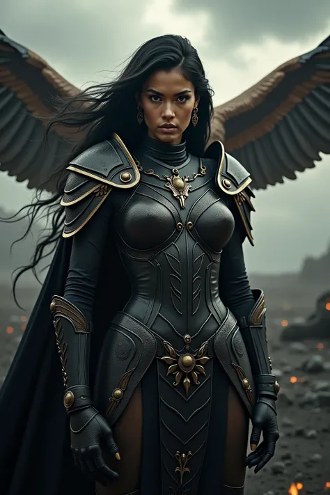 A Latin woman , black hair , warrior in black armor with gold ,  details and an eagle like her friend in an apocalyptic setting ,  looking at the camera 