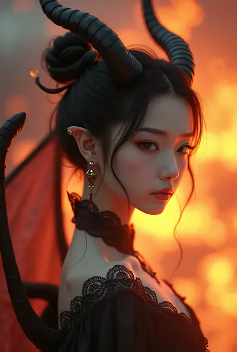 SeaArt-bot upscaling studio quality , 8k, HD,  In the background is a sea of flames ,  very pretty young Korean 20-year-old demon , heart-shaped face , symmetrical bun, with two horns,  two large wings on the back , hair accessories, Schmuck, soft face ,  ...