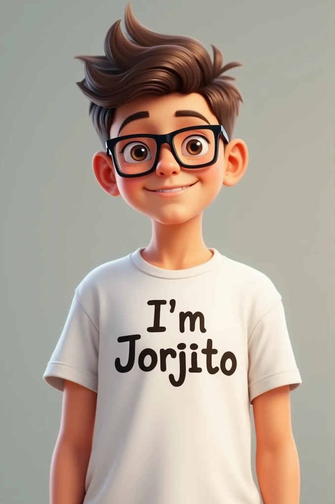  Ten year old boy wearing glasses white t-shirt with a label that says,, Im Jorjito 